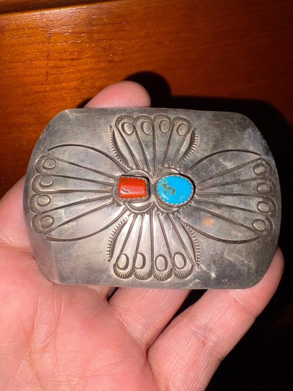 Southwestern Silver 925 Belt Buckle with Turquoise and Coral